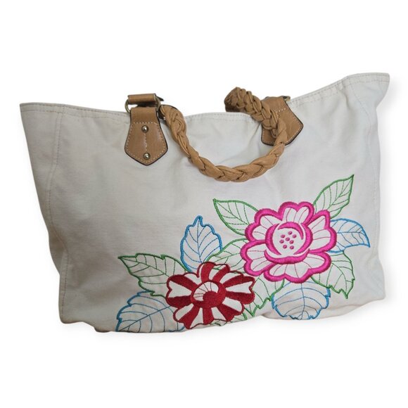 XOXO Floral Canvas Tote Bag Braided Faux Leather Handles - Picture 2 of 12